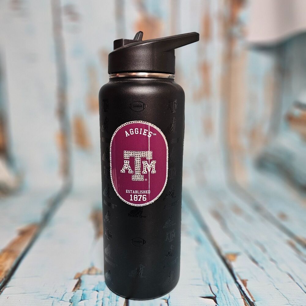 Texas A&M Aggies Rhinestone Logo Water Bottle Black 32oz Flip Lid New NCAA